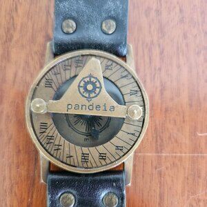 Pandeia Brass Compass-Style Watch with Black Leather Strap